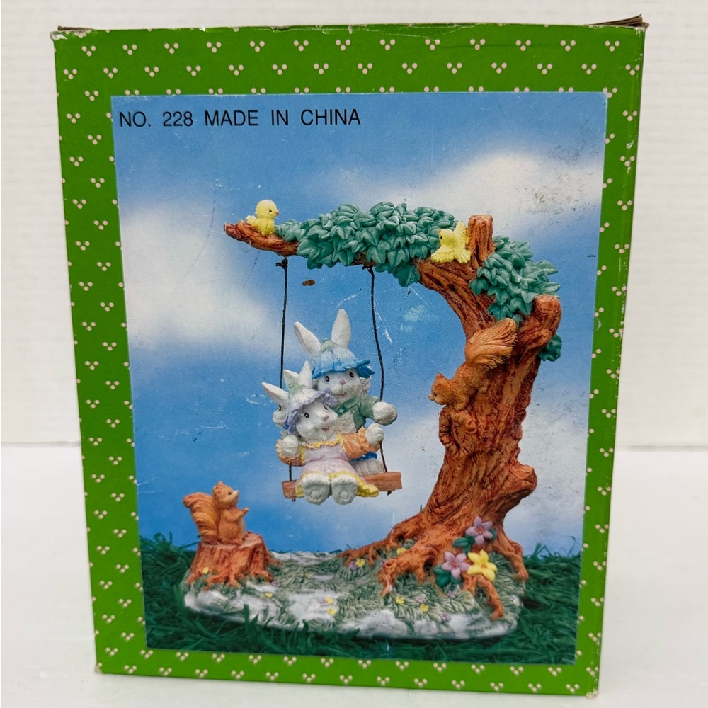 Vintage Easter Bunny Swing Figurine Tree Rabbits Chicks Spring Decor w/ Box